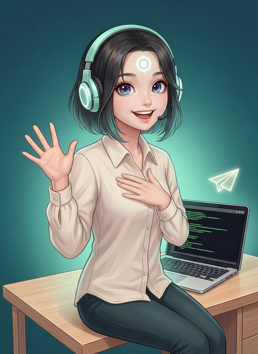 Anime uslubidagi Mila quloqçin taqib, terminal oçiq noutbuk va Telegram samolyotçasi yonida qöl silkitmoqda